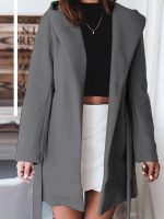 Kadın Uzun Kollu Belden Kuşaklı Kapşonlu Kısa Kaşe Kaban - Görsel 2