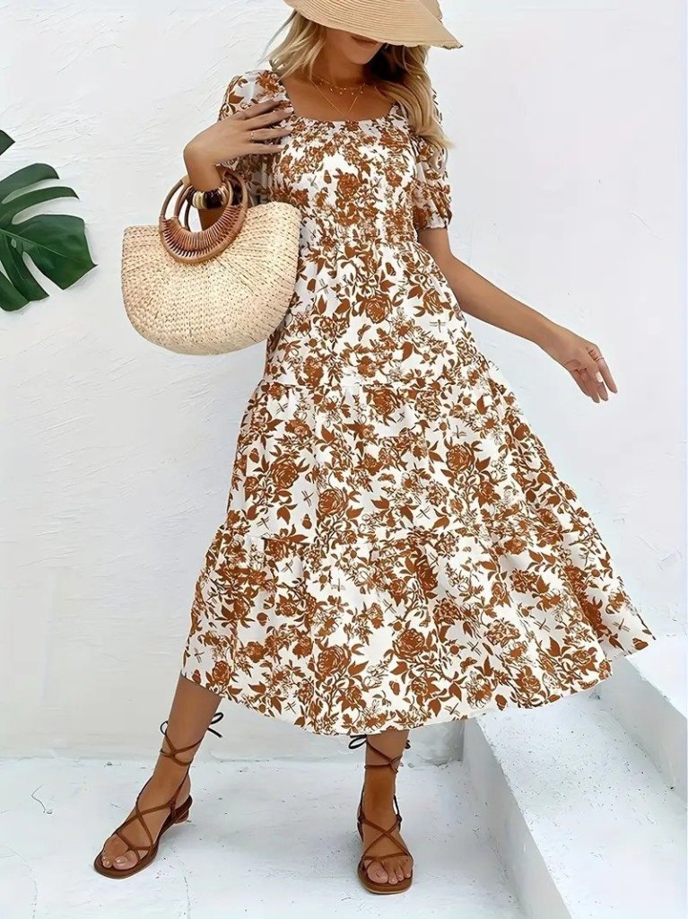 96f3ea44626a96c5a320 Kadın Kısa Kollu Kare Yakalı Lastikli Desenli Süprem Elbise - Görsel 1