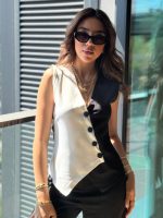 Kadın Sıfır Kol V Yakalı Düğmeli Blok Renkli Atlas Yelek - Görsel 3