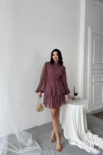 ŞİFON KATLI UZUN KOL ELBİSE - Pudra - Görsel 2