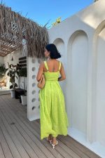 Yağ Yeşili Askılı Aparatlı Brode Elbise - Görsel 3