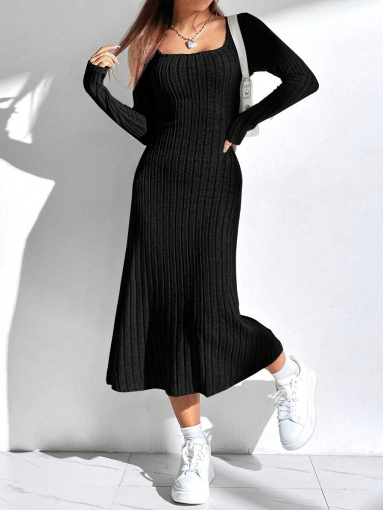 972da79a0ac2c76fa396 Kadın Uzun Kollu Kare Yaka Midi Kaşkorse Elbise - Görsel 1