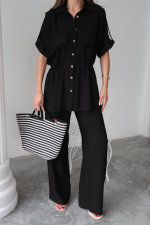 KETEN BELDEN BÜZGÜ DETAYLI GÖMLEK - PANTOLON TAKIM - Siyah - Görsel 2