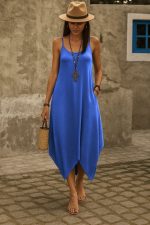 Kadın Askılı V Yakalı Cep Detaylı Asimetrik Kesim Viskon Elbise - Görsel 3