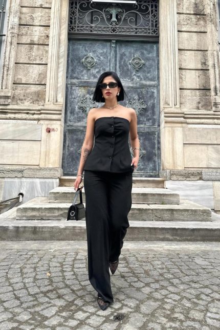 Siyah Straplez Düğmeli Crop Ve Pantolon Takım