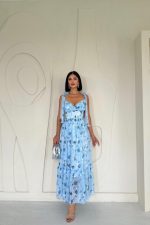 Mavi Şifon Drapeli Elbise