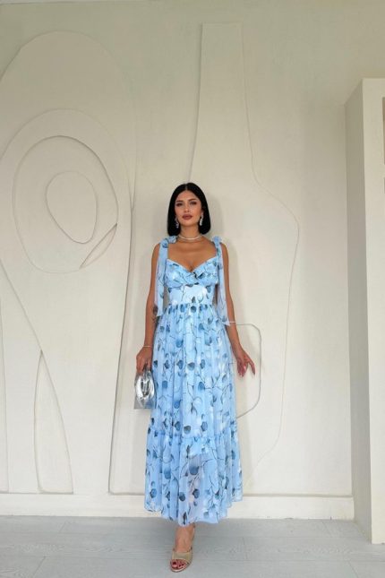 Mavi Şifon Drapeli Elbise