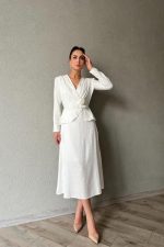 Ekru Pile Detaylı Kruvaze Elbise - Görsel 2