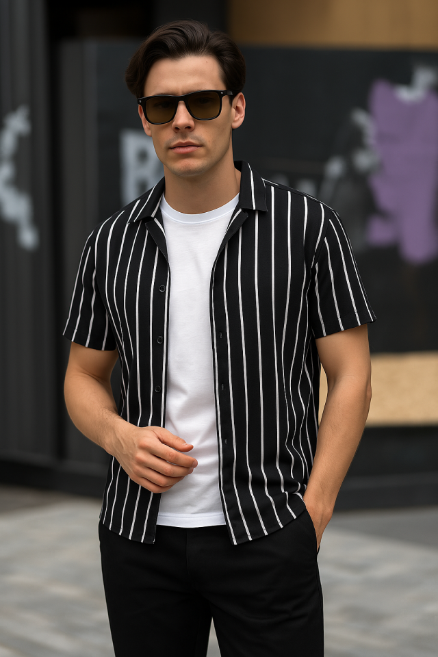 97e79b157527fe168f6ef30aa1507f25 Erkek Kısa Kollu Beyaz çizgi Desenli örme Kumaş Pamuklu Gömlek - Görsel 1