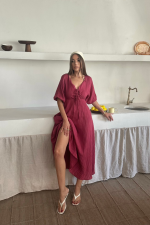 V YAKA DÖKÜMLÜ ELBİSE - Pembe - Görsel 2