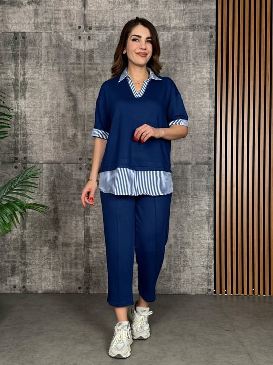 9950ba08e458fb8c2cd3a50c6c46891e Kadın Modal Kumaş çizgili Gömlek Yaka Ikili Takım - Görsel 1