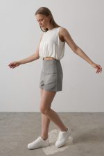 Saten Kolsuz Belki Lastikli Bluz - Ekru - Görsel 2