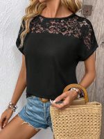 Kadın Kısa Kollu Bisiklet Yaka Dantel Detaylı Viskon Bluz - Görsel 3