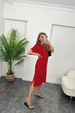 Kadın Kısa Kollu Yırtmaç Detaylı Salaş Viskon Elbise - Görsel 2