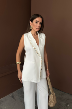 YAKA MİDYE KABUĞU SIRALI YELEK - PANTOLONTAKIM KETEN KUMAŞ - Beyaz - Görsel 2