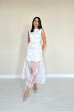 Beyaz Organze Detaylı Atlas Elbise - Görsel 2