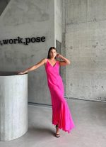 JAKARLI ASKILI SATEN ELBİSE ASİMETRİK - Pembe - Görsel 3