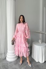Şeker Pembesi Uzun Volanlı Elbise