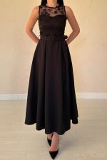 Siyah Önü Dantel Detaylı Kemerli Elbise - Görsel 3