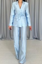 Mavi Beli Kuşaklı Ceket Ve Pantolon Parlak Takım - Görsel 3