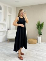 Kadın Askılı Yuvarlak Yakalı Asimetrik Kesim Detaylı Viskon Elbise - Görsel 2