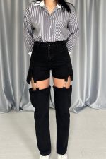 Siyah Askılı İki Parça Jeans Pantolon - Görsel 3