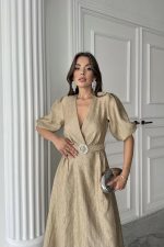 Gold Işıltılı Kemerli Kruvaze Elbise - Görsel 3