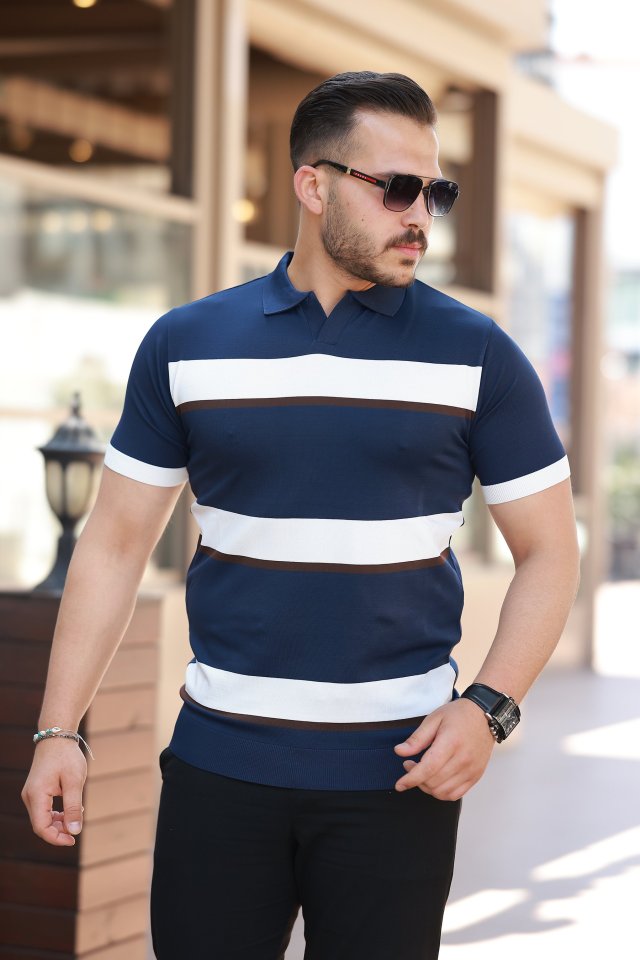 9cdc4968f175693559d4f2b7527766b5 Erkek şerit Desenli Hemşire Yaka Kısa Kollu Tişört - Görsel 1