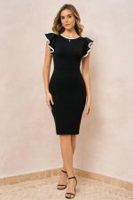 Kadın Kısa Kollu Bisiklet Yaka Yırtmaçlı Ithal Krep Elbise - Görsel 3