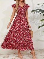 Kadın Kısa Kollu Kruvaze Yaka Beli Lastikli çiçek Desenli Elbise - Görsel 3