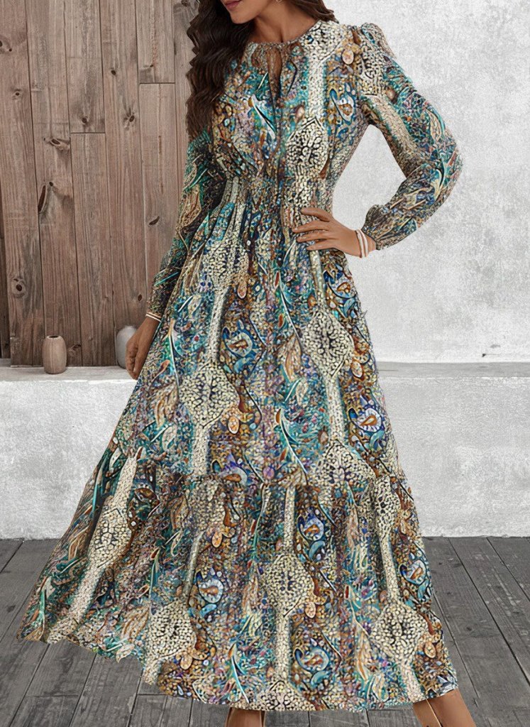 9d99b2d6ba776bfd1b75 Kadın Uzun Kollu Uakadabağcıklı Beli Lastikli Desenli Uzun Süprem Elbise - Görsel 1