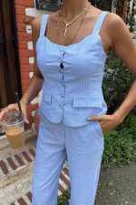 Kalın Askılı Bluz Pantolon Keten Takım 10187 - Görsel 3