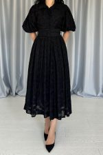 Siyah Kemerli Balon Kollu Elbise - Görsel 3