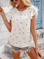 Kadın Kısa Kelebek Kollu Bisiklet Yaka Kalp Desenli Süprem Bluz - Görsel 3