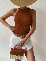 Kadın Kolsuz Halter Yaka Mini Baklava Desenli Triko Bluz - Görsel 2