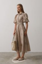 Balon Kol Kemerli Brode Elbise - Taş - Görsel 2