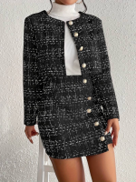 Kadın Uzun Kollu önü Düğmeli şanel Ceket Ve Etek Takım - Görsel 3