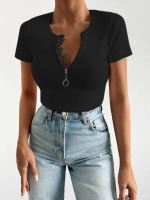 Kadın Beyaz Yaka Dantel Ve Fermuarlı Kaşkorse Bluz - Görsel 3