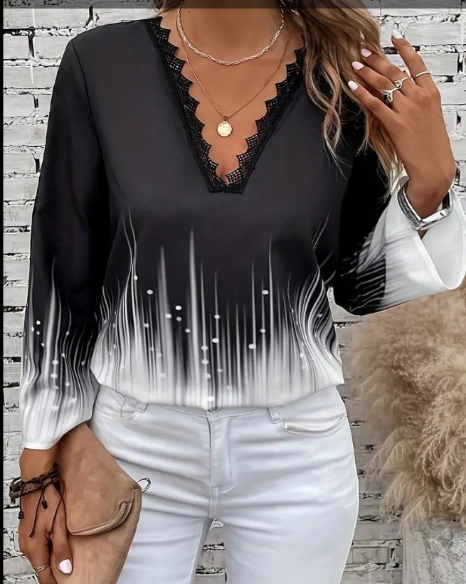 9ea47e17f71b666d0064 Kadın Uzun Kollu V Dantel Yaka Desenli Modal Bluz - Görsel 1