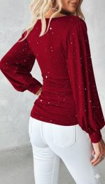 Kadın Uzun Kollu Degaje Yaka Taşlı Sandy Bluz - Görsel 3