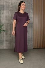 Kadın Kısa Kollu Bisiklet Yaka Yırtmaçlı Viskon Iki Iplik Elbise - Görsel 3