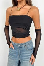 Kolluk Detay Askılı Tül Bluz - Görsel 3