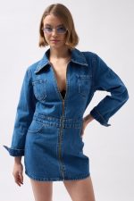 Cep Detaylı Fermuarlı Denim Elbise - Görsel 3
