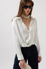 Bel Büzgülü Crop Saten Gömlek - Görsel 3