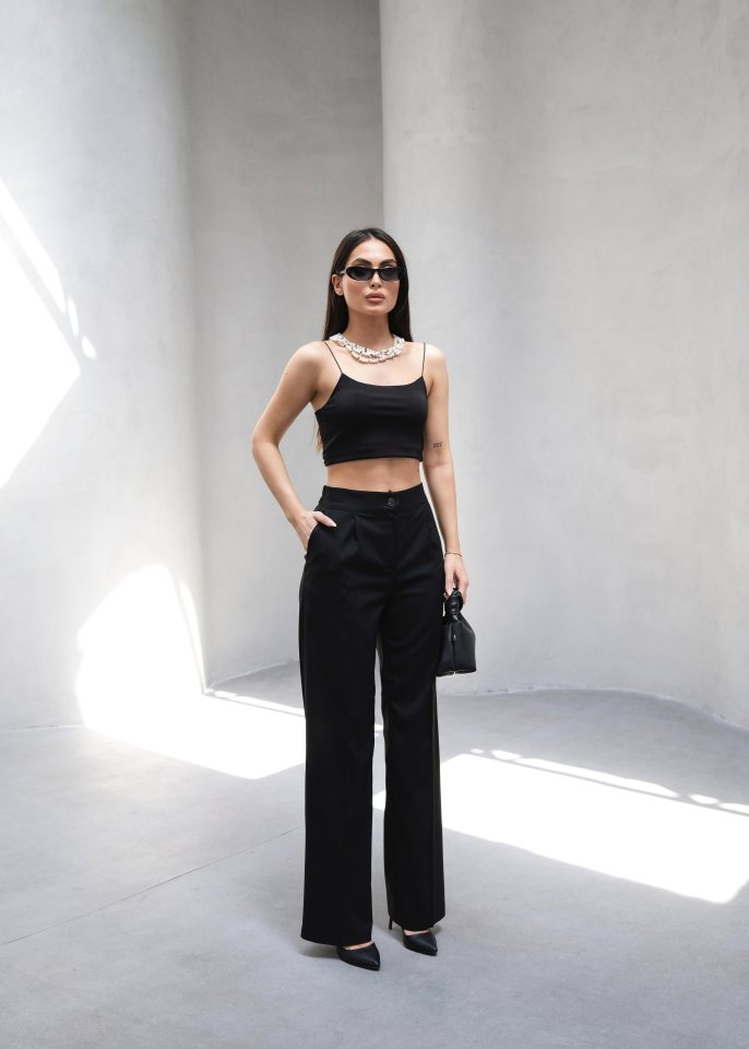 BL68102a834afad68102a834afae Arkasi Lasti̇kli̇ Pi̇leli̇ Dökümlü Wide Leg Pantolon - Görsel 1