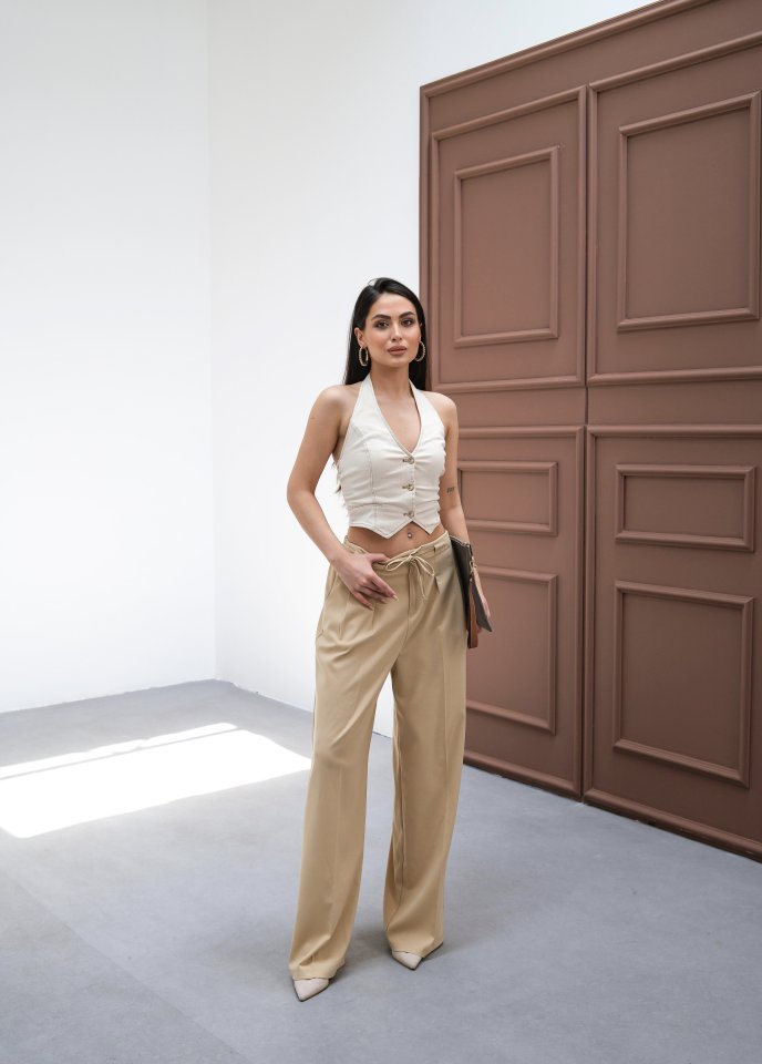 BL68102f88883bd68102f88883be Beli̇ Lasti̇k Ve Bağcikli Geni̇ş Paça Pantolon - Görsel 1