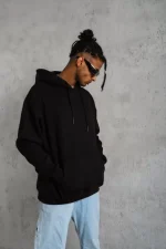 Erkek Düz Kapüşonlu Sweat - Siyah - Görsel 3