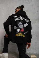 Erkek Üç İplik Baskılı Kapüşonlu Sweat - Siyah - Görsel 2