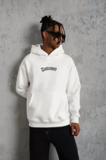 Erkek Üç İplik Baskılı Kapüşonlu  Sweat - Beyaz - Görsel 3