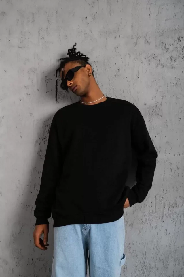 TY65d4a0b81157c65d4a0b81157e Erkek Düz Bisiklet Yaka Sweat - Siyah - Görsel 1